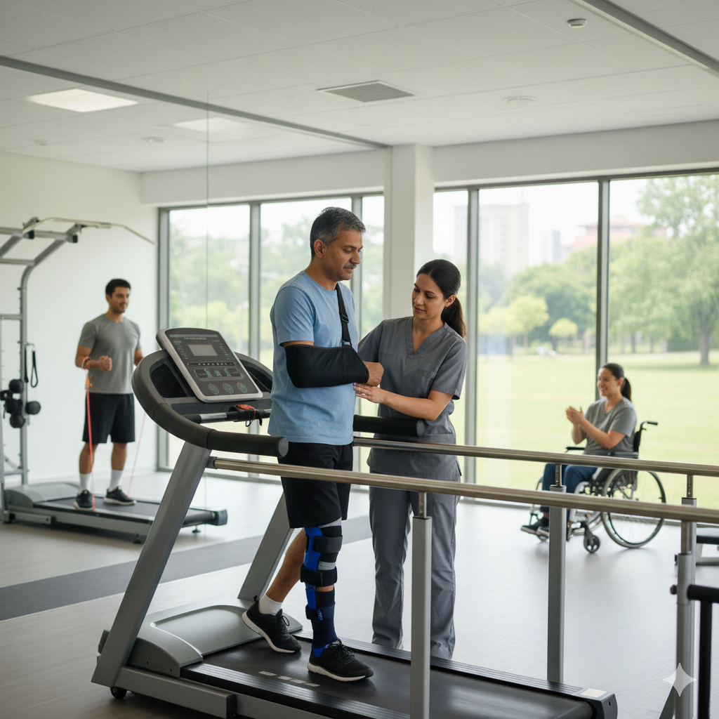 Expert neuro physiotherapist assisting a stroke patient with walking rehabilitation at Spine Act Physiotherapy, Beta-2, Greater Noida.