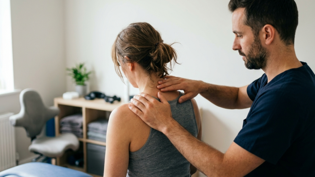 Physiotherapist assessing patient's neck and shoulder posture at Spine Act Physiotherapy