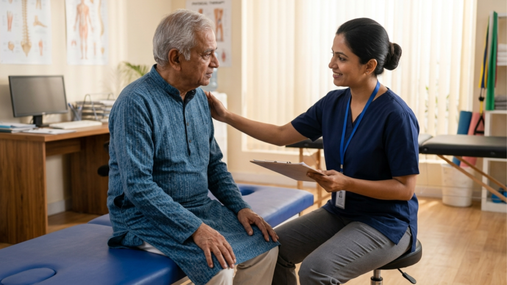 Elderly patient consulting physiotherapist for osteoporosis treatment in Greater Noida