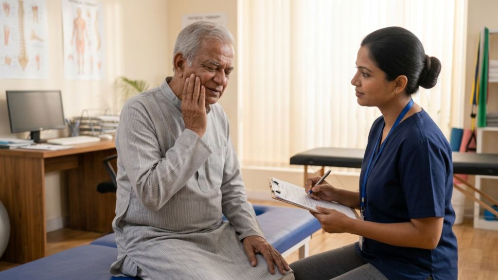 Patient experiencing jaw pain during physiotherapy consultation in Beta 2 Greater Noida