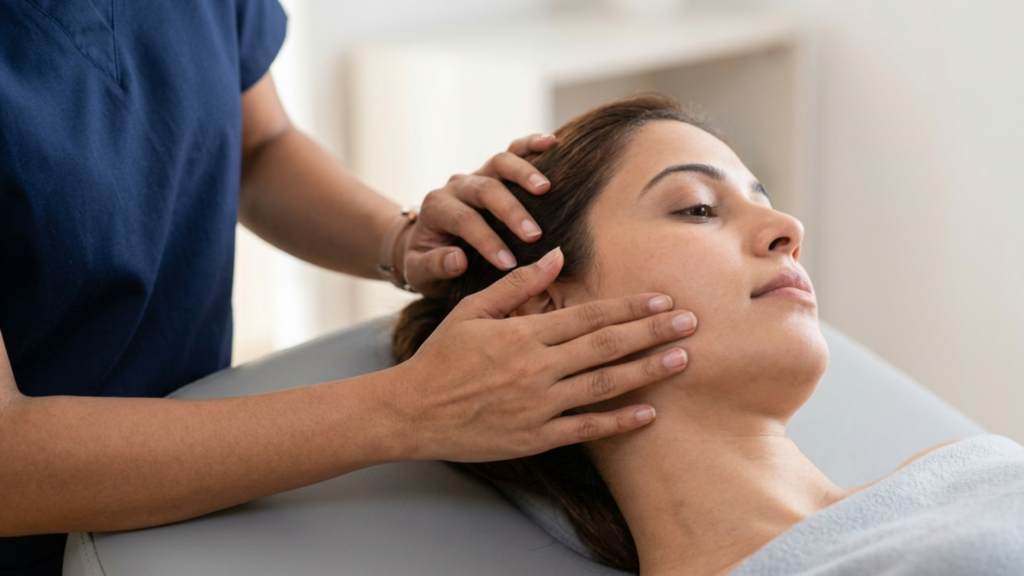 Physiotherapist examining TMJ and jaw alignment at Spine Act Physiotherapy