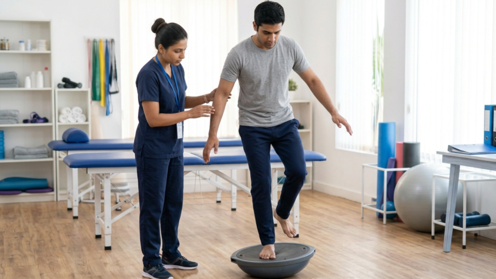 Ankle rehabilitation balance training on wobble board at Spine Act Physiotherapy