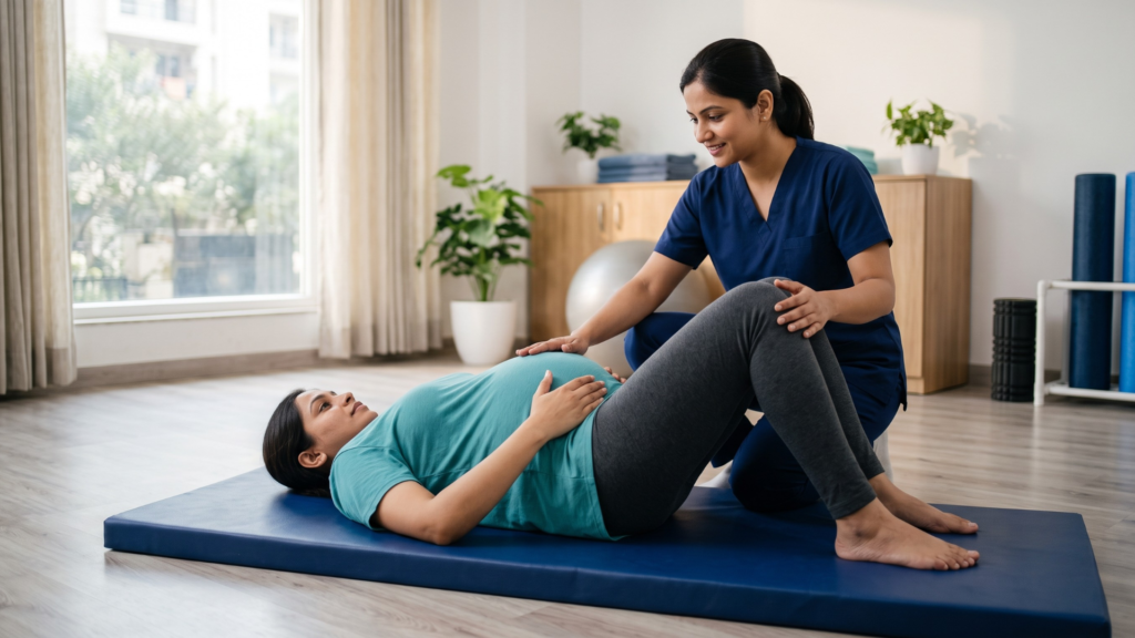 Physiotherapist treating pregnancy back pain near Beta 2, Greater Noida