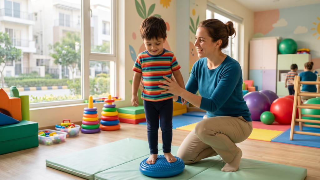 Physiotherapist treating a child with cerebral palsy near Beta 2, Greater Noida